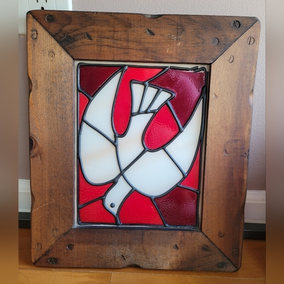 Vintage Holy Spirit White Red Stained Glass & Wood Panel Square #518024 14x 12" - Picture 1 of 11